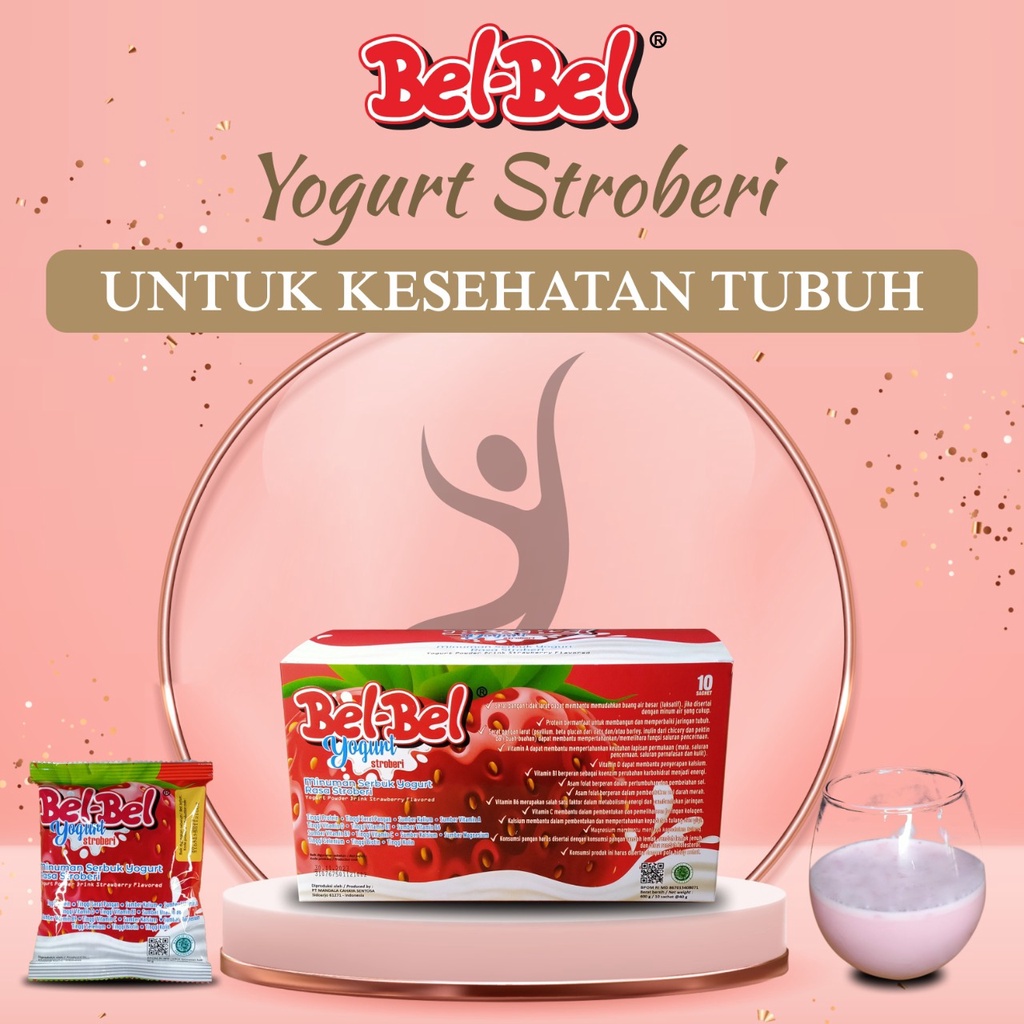 

BEL-BEL YOGURT STROBERI BERSERTIFIKASI BPOM & HALAL Minuman Serbuk Instant Yogurt Stroberi : Minuman untuk kesehatan pencernaan dengan rasa yogurt stroberi ini tinggi protein, tinggi serat pangan, sumber kalium, kalsium, magnesium, selenium, biotin, kolin