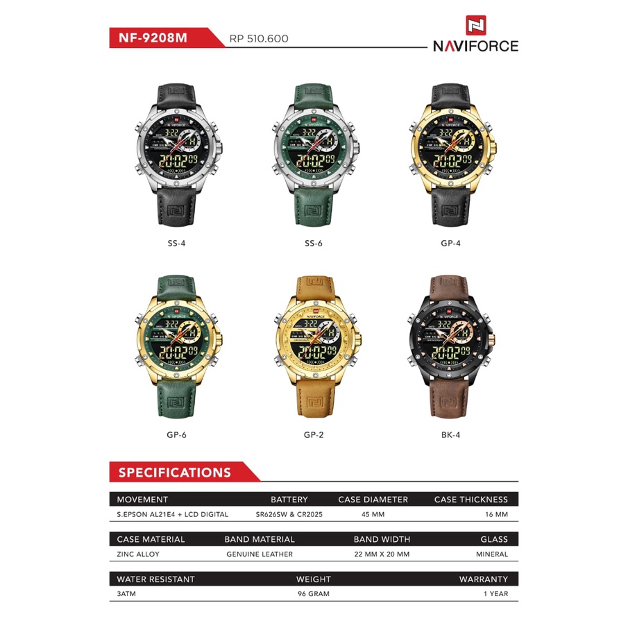 Jam Tangan Naviforce 9208 Fashion Pria Kasual Dual Time Strap Leather Kulit Original