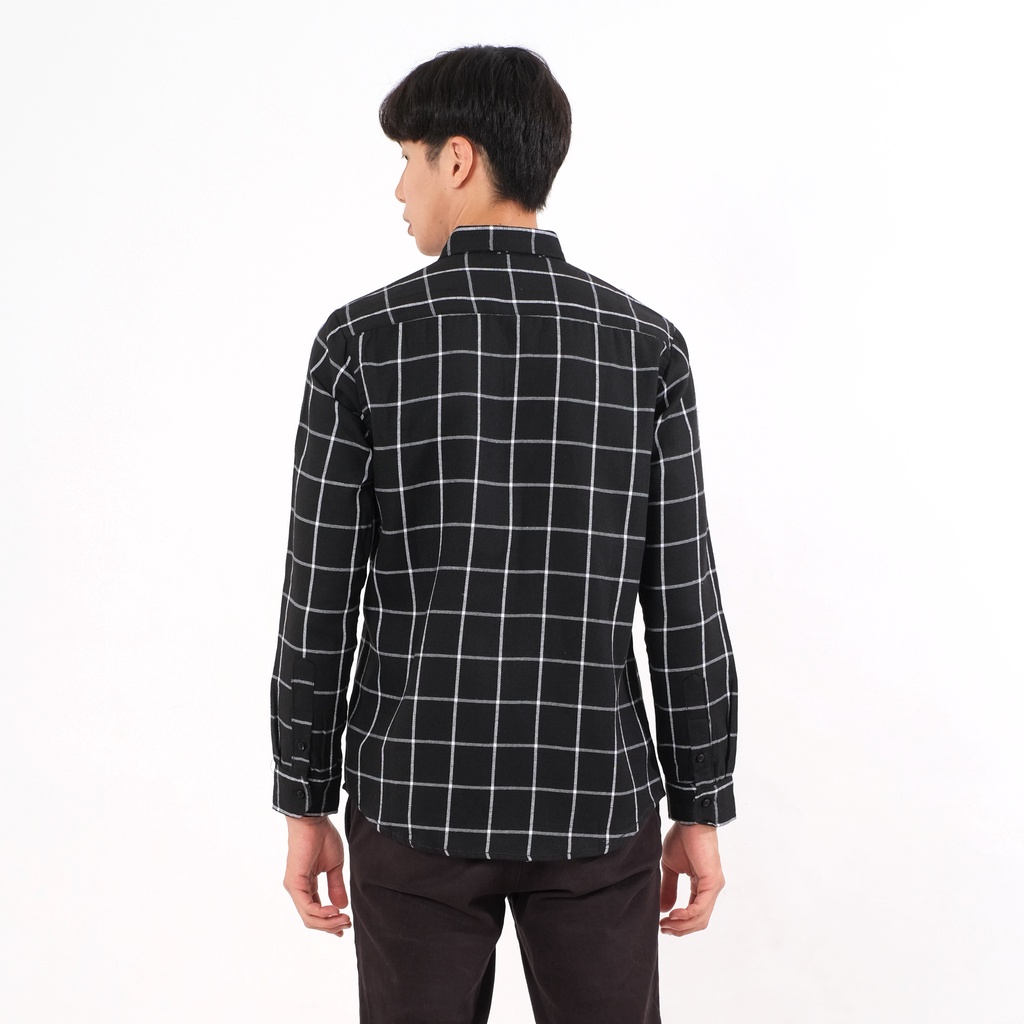 SANVANINA Kemeja Flannel Lengan Panjang Kotak Black White | Kemeja Flanel Pria Slim Fit E-8004