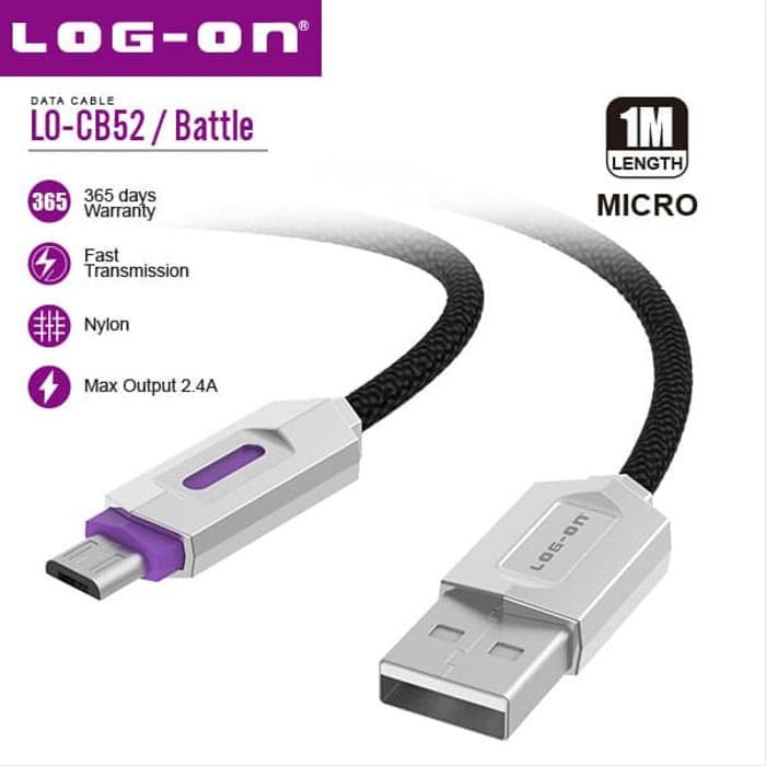 KABEL DATA BATTLE LO-CB52 MICRO USB V8 CABLE 2.4A FAST CHARGING LOG ON