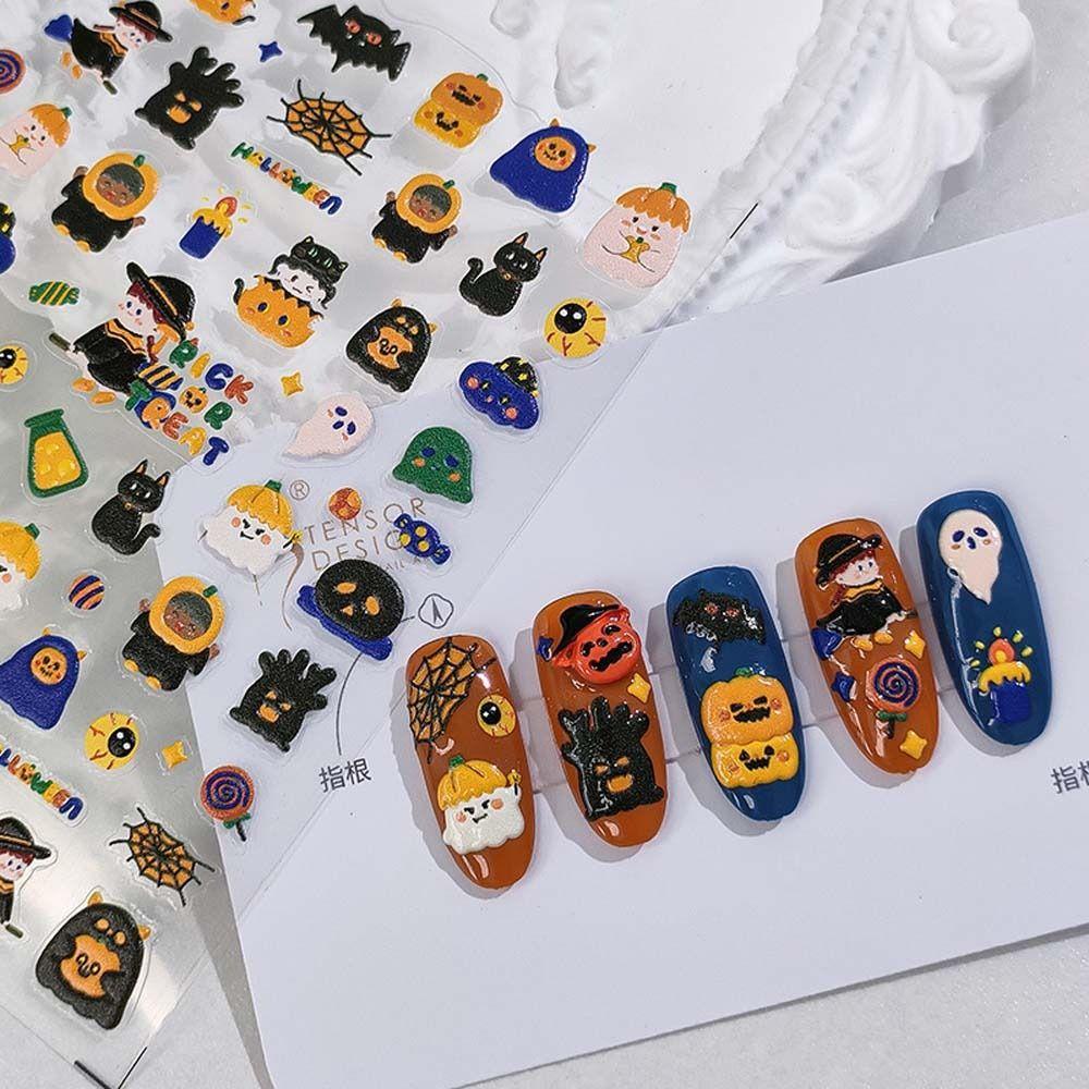 NEEDWAY Halloween Stiker Kuku Wanita Perekat Diri Zombie Hantu Spider Skeleton Nail Art Dekorasi