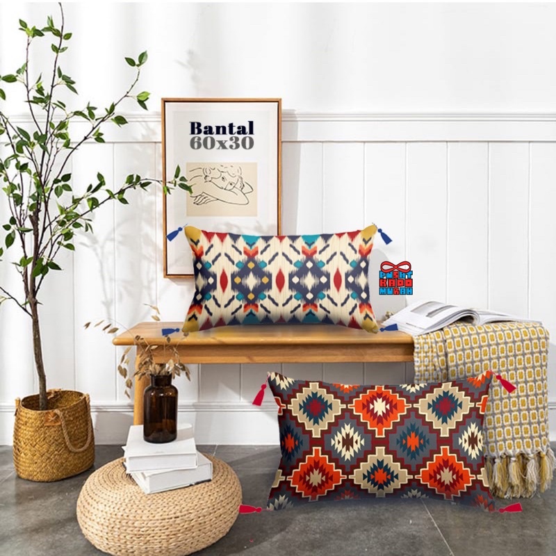 Bantal Sofa 60x30 cm Print dengan Tassel Motif Vintage Luxury Bohemian Turkish Tenun - Pusat Kado Murah