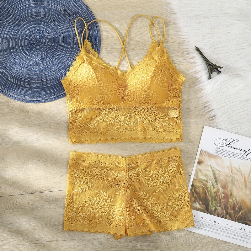 MM - Bra Set Push Up Sexy One Piece Set 6453 CD Brukat Wanita Celana Dalam Murah Tanpa Kawat-KUNING