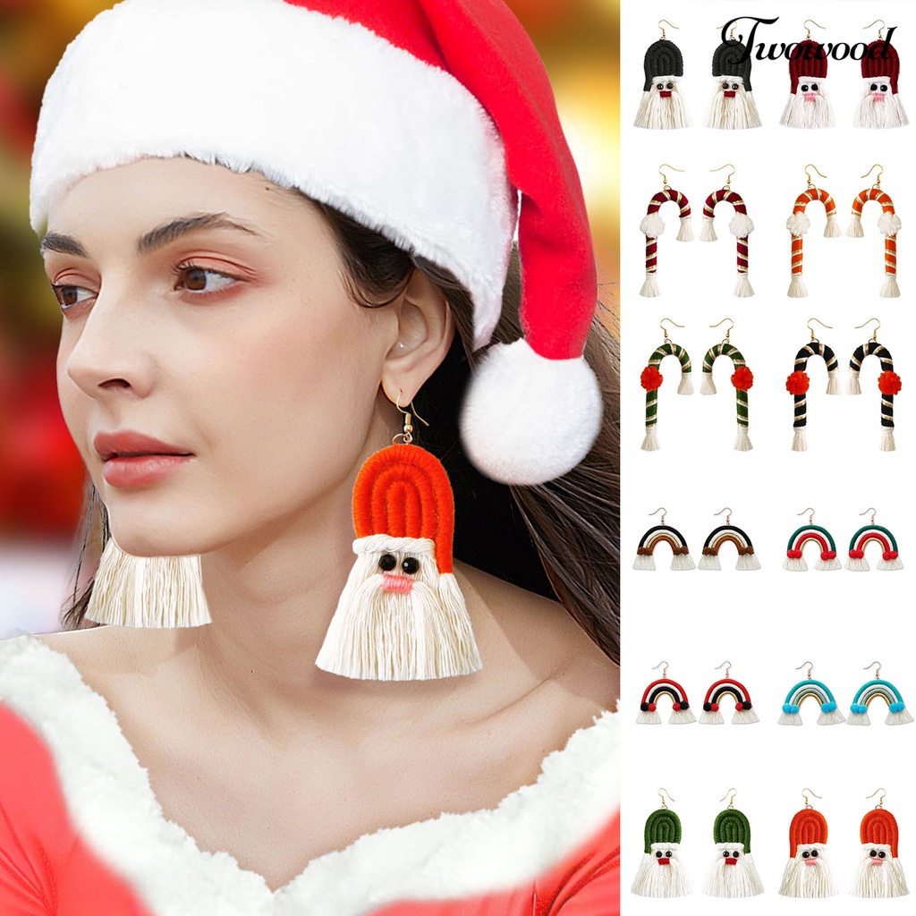 1 Pasang Anting Rumbai Desain Santa Claus Natal Gaya Bohemia Untuk Hadiah