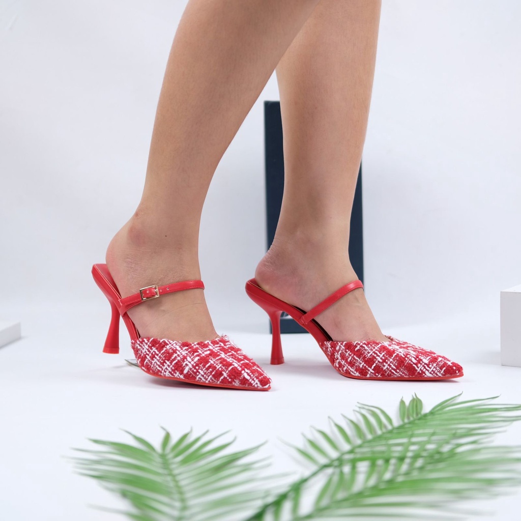 [7.7 Boombastis Sale⚡] - SEPATU WANITA HAK TINGGI ZS417 TWEED HEEL PUMPS PREMIUM IMPORT