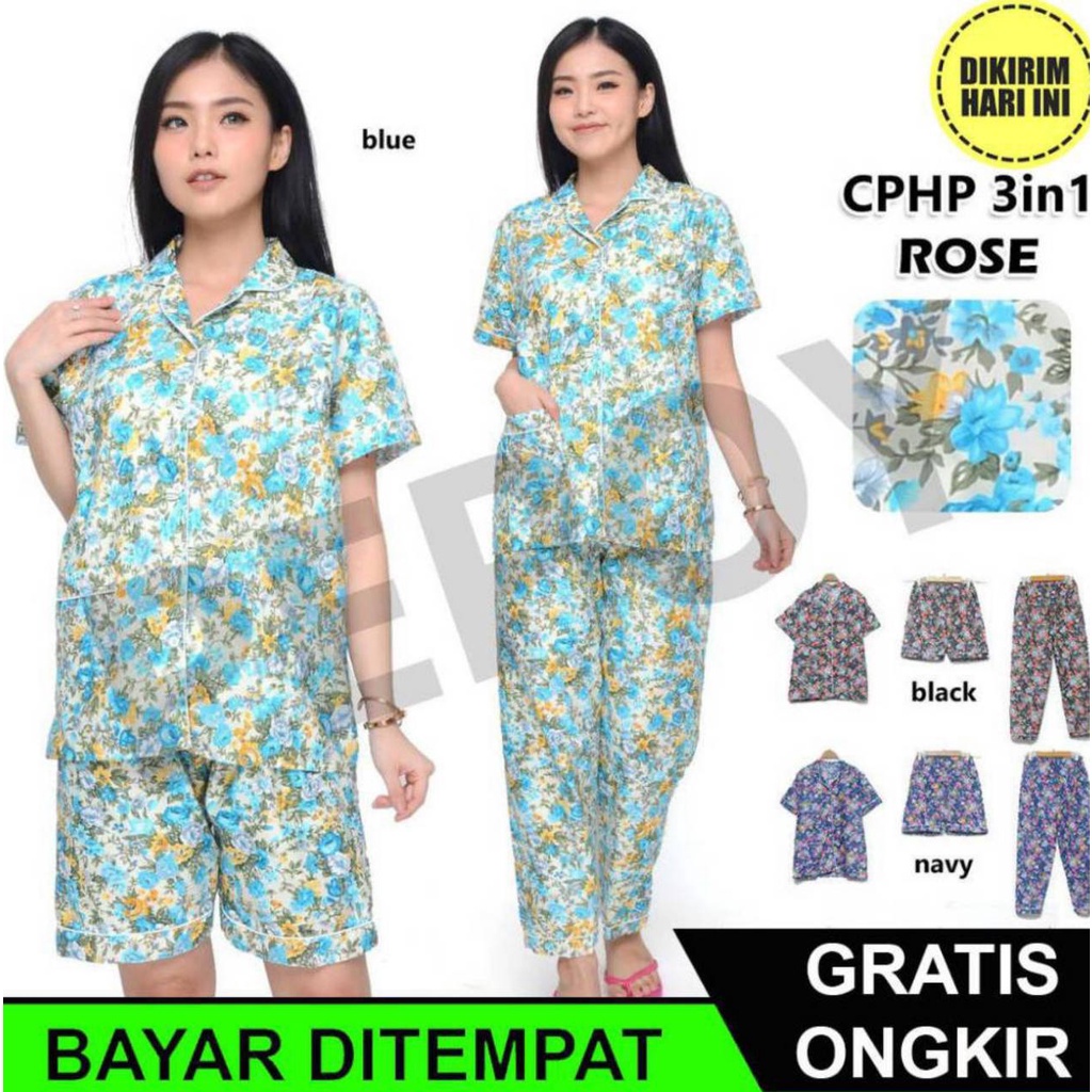 Setelan Piyama Baju Tidur CPHP 3 in 1 Katun Lokal  Dewasa LD 102-104 Cm