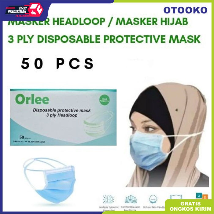 Masker Headloop Hijab 3 Ply 3Ply Kepala Kemenkes ORLEE Biru Blue 50pcs