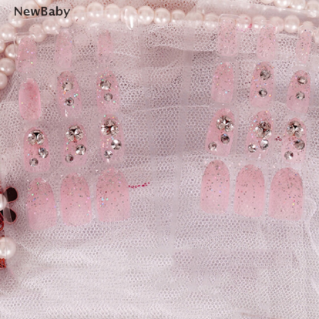 Newbaby 24Pcs / Set Kuku Palsu 3D Aksen Berlian Imitasi pink Transparan Untuk Nail Art / Manicure