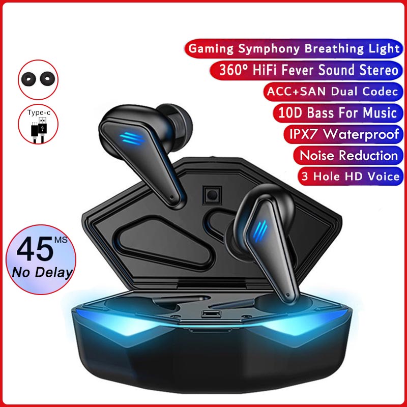 (COD) K55 Headset Gaming Bluetooth No Delay TWS with Mic Type-C 10D Bass 360°Stereo Handset Water Proof Earbud 5.0 Wireless Earphone Henset Hedset Hetset  Heandset-Hitam-Ori-No delay