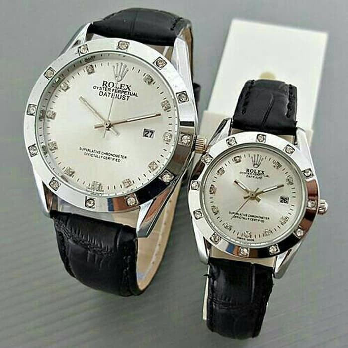 JAM TANGAN ROLEX COUPLE DATEJUST KULIT HITAM PLAT PUTIH Buruan