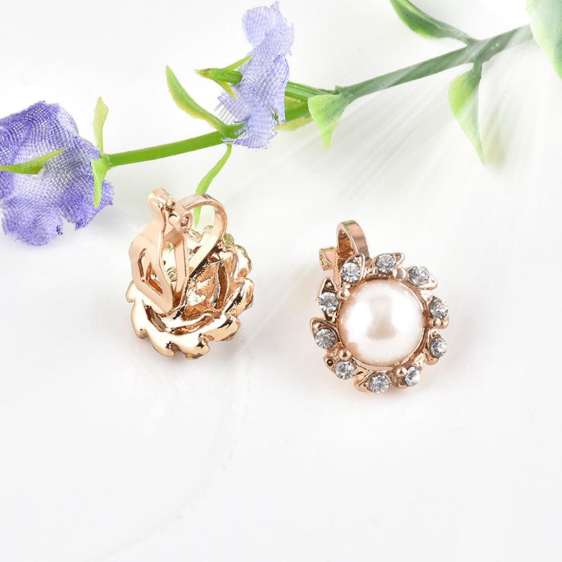 1 Pasang Anting Jepit Telinga Bulat Emas Hias Berlian+Mutiara Imitasi-3