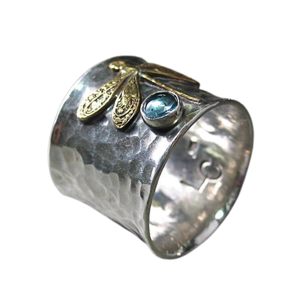 Hu Hu Hu Hu Hu Alat Bantu Pasang Kacamata♡ Cincin Wanita Desain Capung Hias Permata Biru Imitasi Gaya Vintage Electroplating Untuk Pernikahan