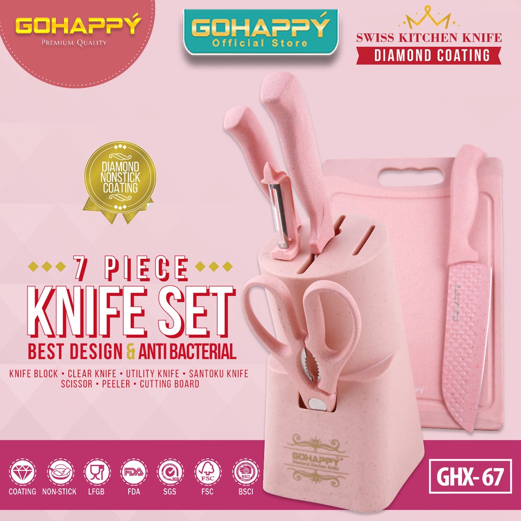 Pisau Set GOhappy Diamond Knife Telenan Gunting Set Pink Free Holder Pisau Cantik