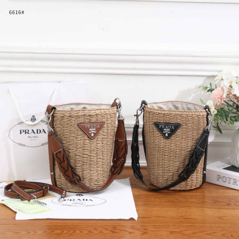 Prada Logo Woven Bucket Bag #6616