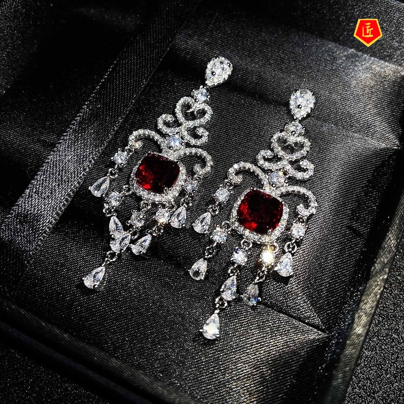 [Ready Stock]Retro Luxury Ruby Full-Jeweled Stud Earrings