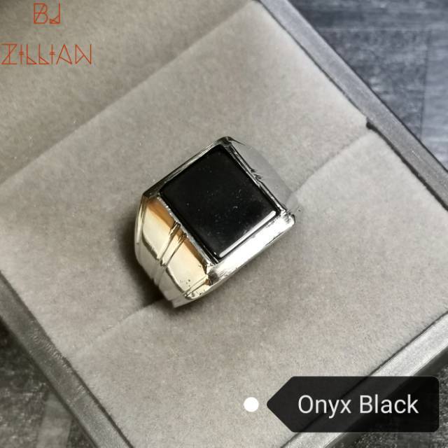 Cincin Black Onyx Natural Ring Baja Putih Anti Karat