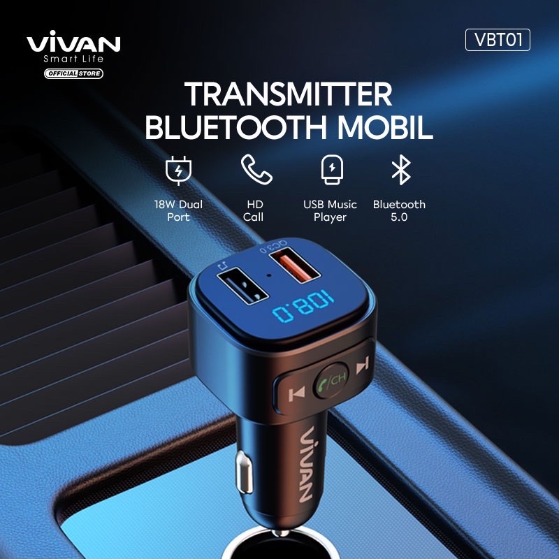 (VIVAN BT-01) Smart Bluetooth Transmitter Audio Dan Car Charger Mobil 18W Dual Port Usb LED Digital