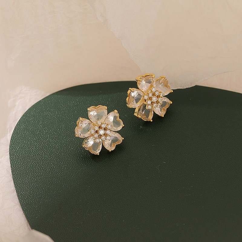 S925 Korea bunga hati mencintai zirkon anting-anting untuk wanita sederhana anggun anting-anting ant