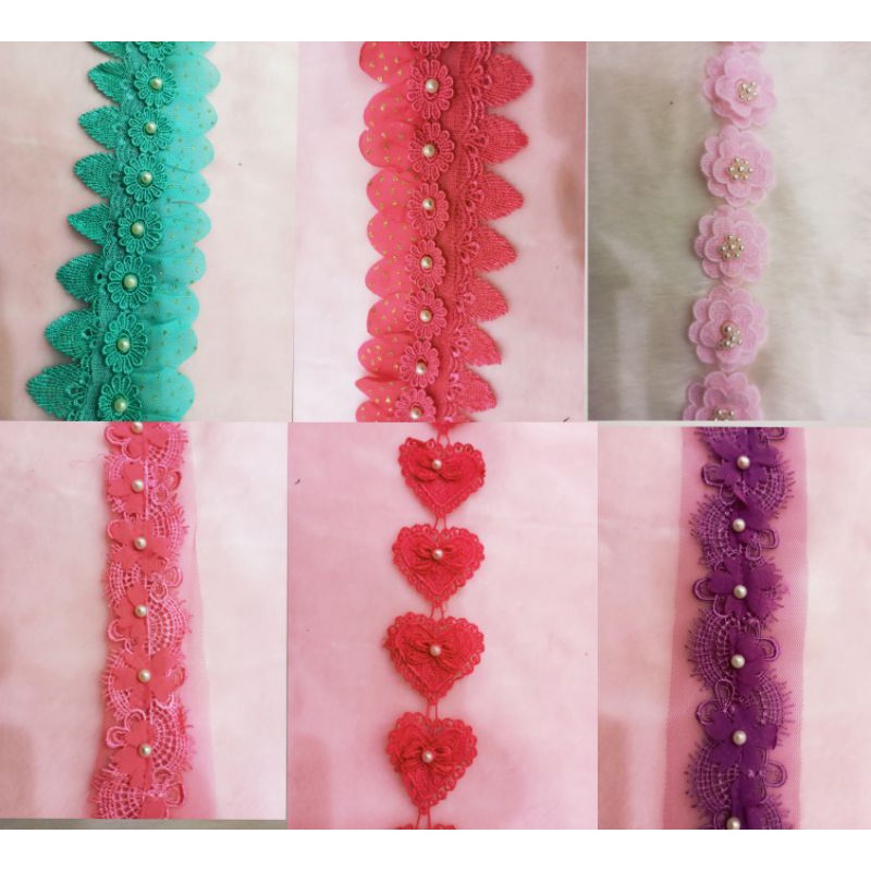 renda giper bunga tumpuk mutiara lebar 4-6cm