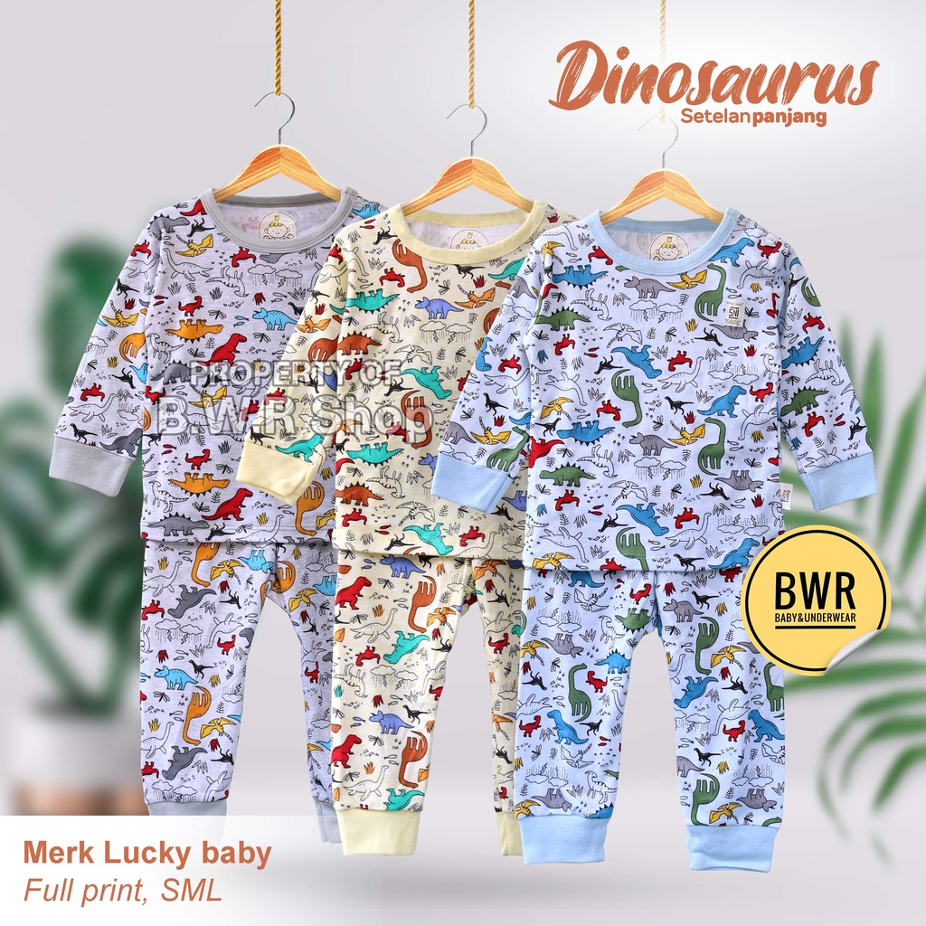 Setelan LUCKY PANJANG Motif DINO / Piyama Setelan Anak Unisex Kaos Celana Panjang | Bwr