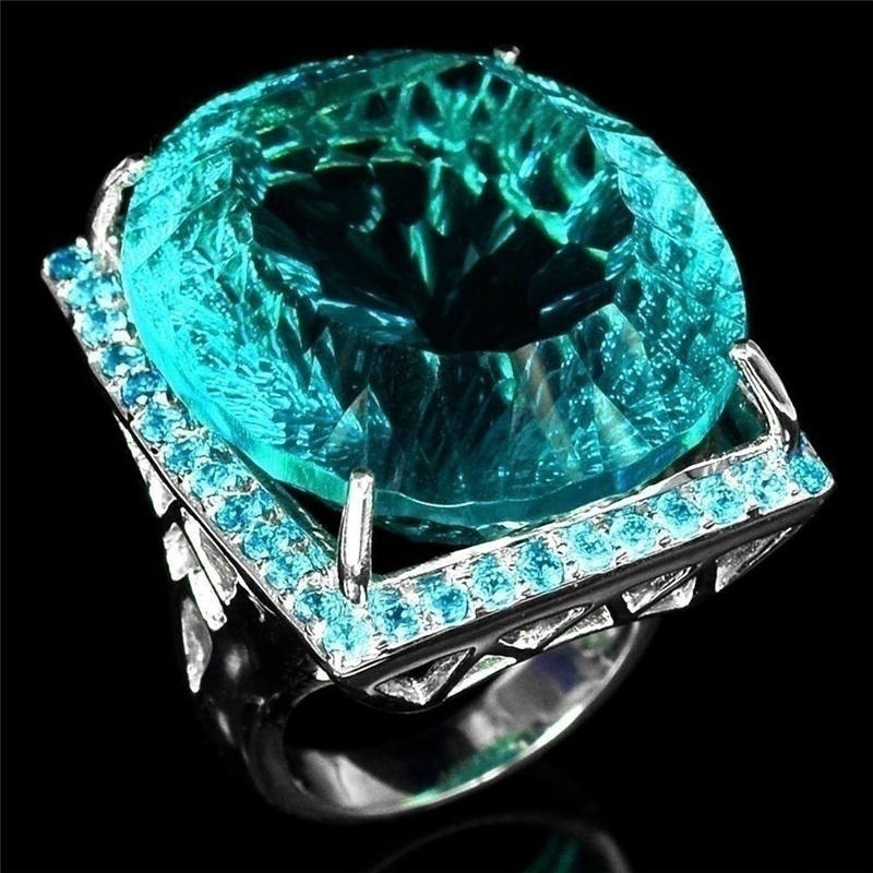 Cincin Wanita Bentuk Ellipse Cut 128ct Aquamarine Untuk Pesta Cocktail