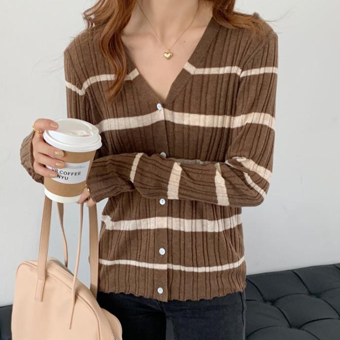 Untuk Tipis Rajut Panjang Motif Wanita Cardigan Lengan V-neck Garis