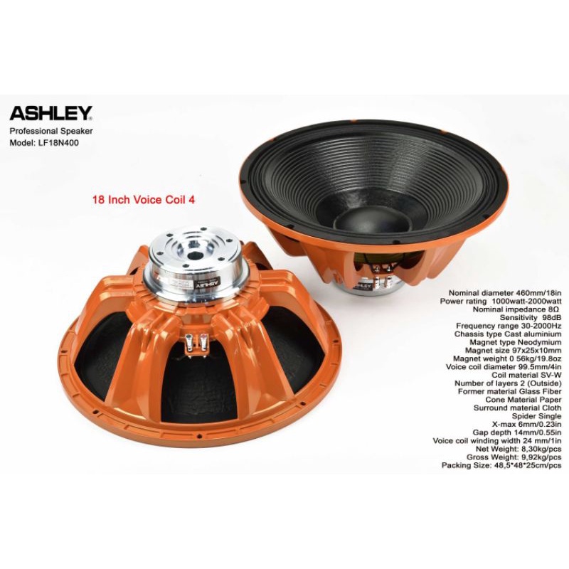 SPEAKER ASHLEY NEODYMIUM LF18N400 ORANGE 18 INCH ORIGINAL