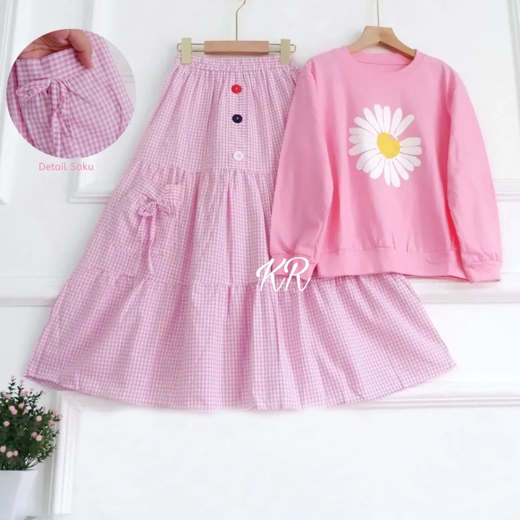 PCS SET SENJA KID FASHION SETELAN ANAK PEREMPUAN ATASAN DAN ROK KR ADA VIDEO REVIEW ASLI PRODUK 4 UKURAN S M L XL