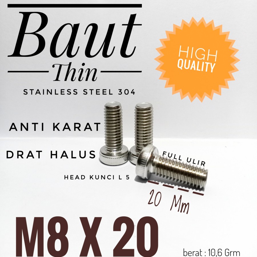 Jual 1PCS Baut Thin M8 X 20 Mm Stainles 304 Baut L Low Head Anti Karat ...