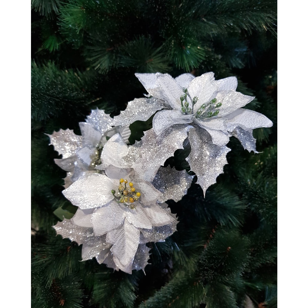 Hiasan Natal | Bunga Putih Glitter 5 Tangkai Kecil