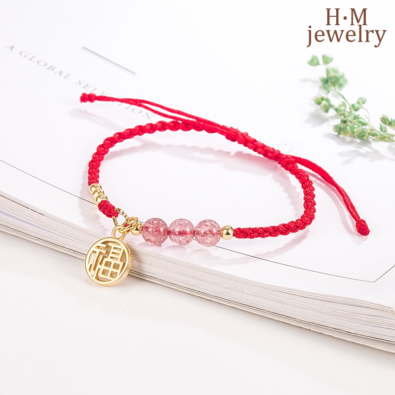 Gelang Tangan Tali Kepang Aksen Batu Kuarsa Strawberry Untuk Wanita