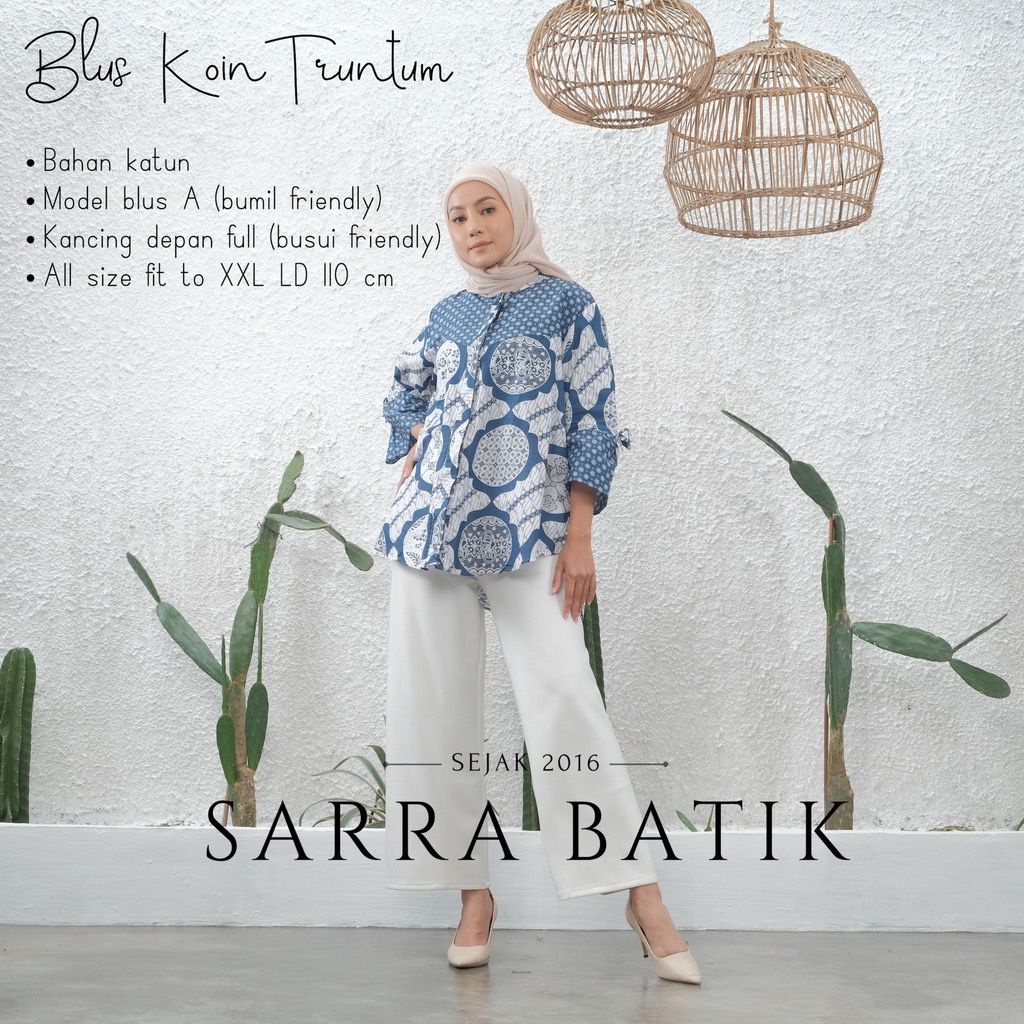 Blus Koin Truntum Kombinasi Batik Kekinian Kerja Kantoran Blouse Kondangan Modern Casual Lengan Lonceng