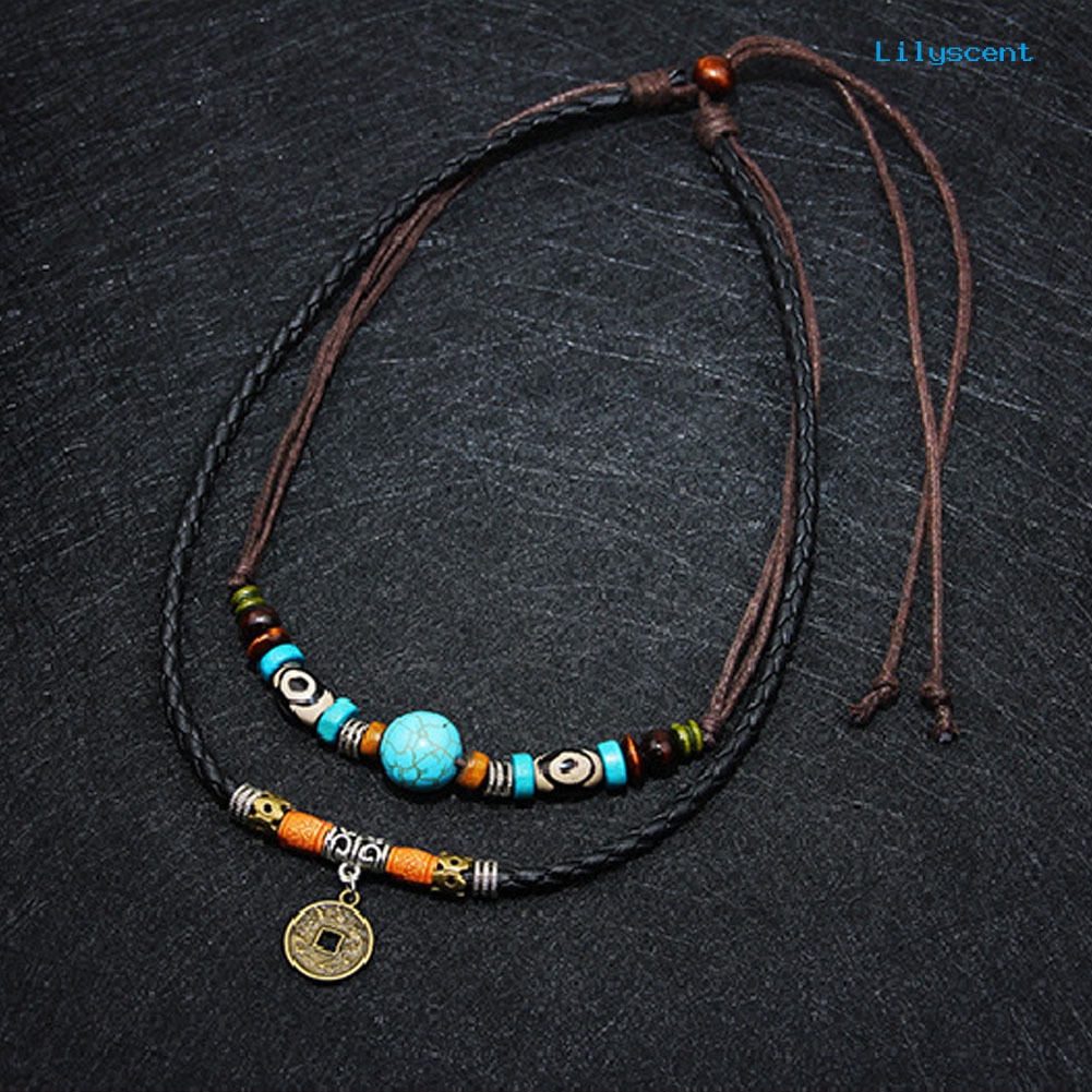 Kalung Choker Multilayer Dengan Liontin Koin Manik-Manik Turquoise Imitasi Untuk Pria