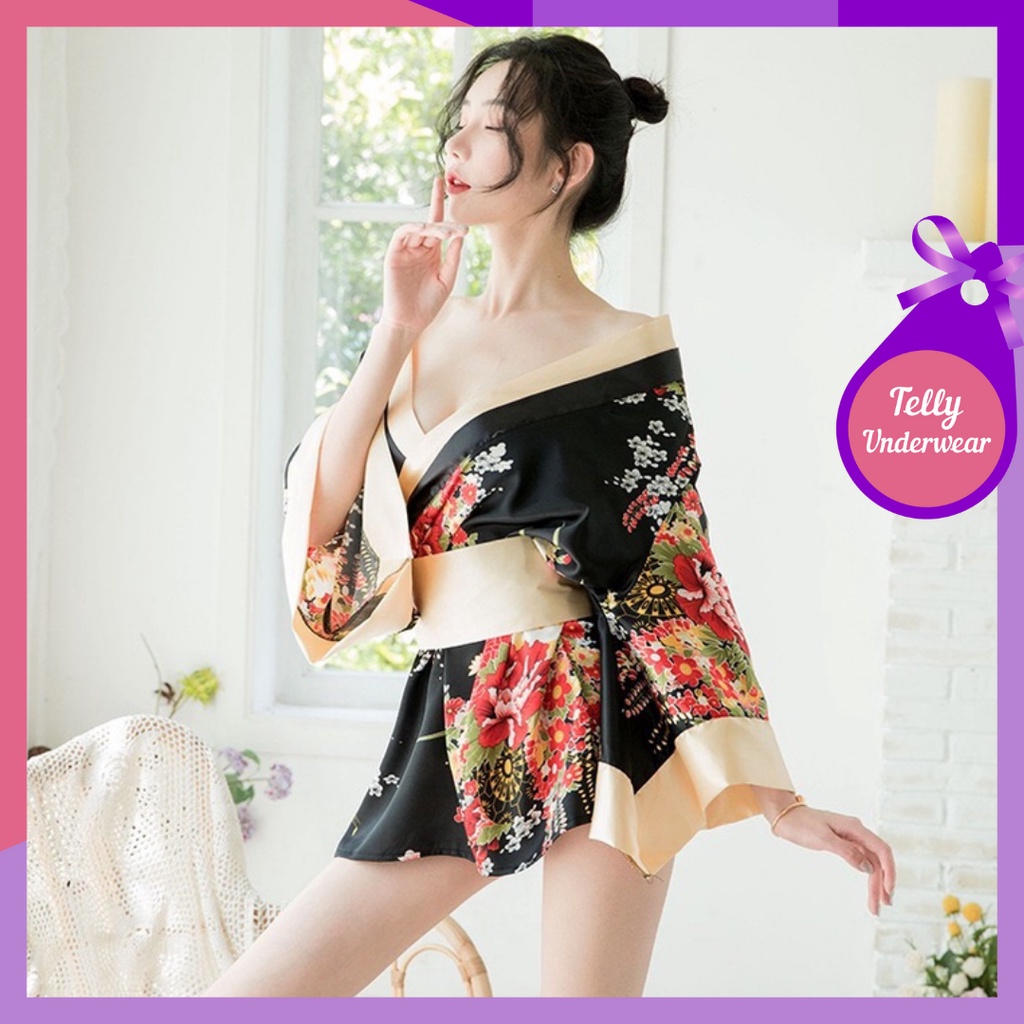 TELLY ➡️ 159 Set Lingerie Seksi + G String Model Kimono Sabuk Besar Premium Satin Jepang Import Baju Imlek Gaun