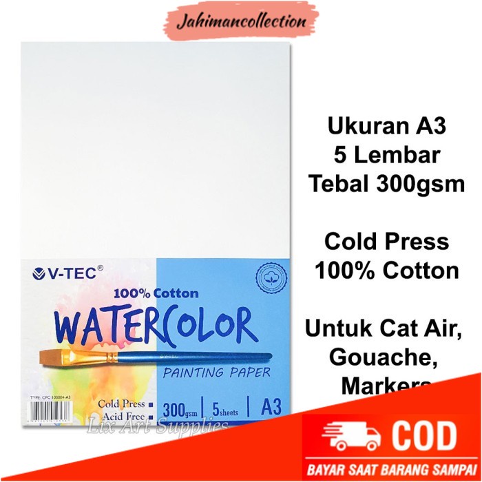 

✨ BISA COD ✨ V-TEC A3 Water Colour Paper 300gsm - 5 Sheets COTTON Cold Pressed