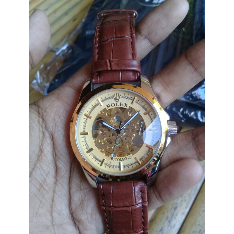 Best Seller Jam Tangan Pria Automatic Rolex Kombinasi Gold Tali Kulit Hitam