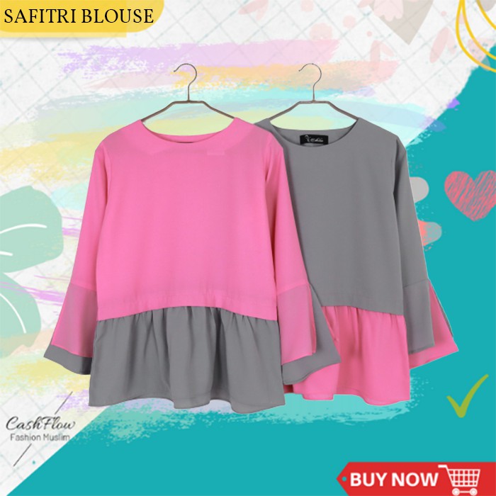 Safitri Blouse Warna  kombinasi  merah muda pink  abu  abu  