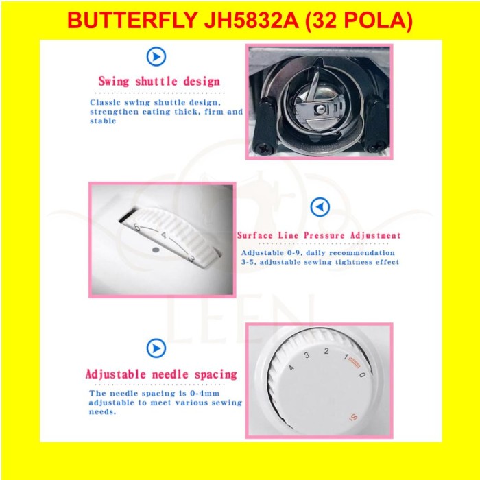 Mesin Jahit Portable BUTTERFLY JH 5832A 32 Pola Multifungsi ORI JH5832A LEEN