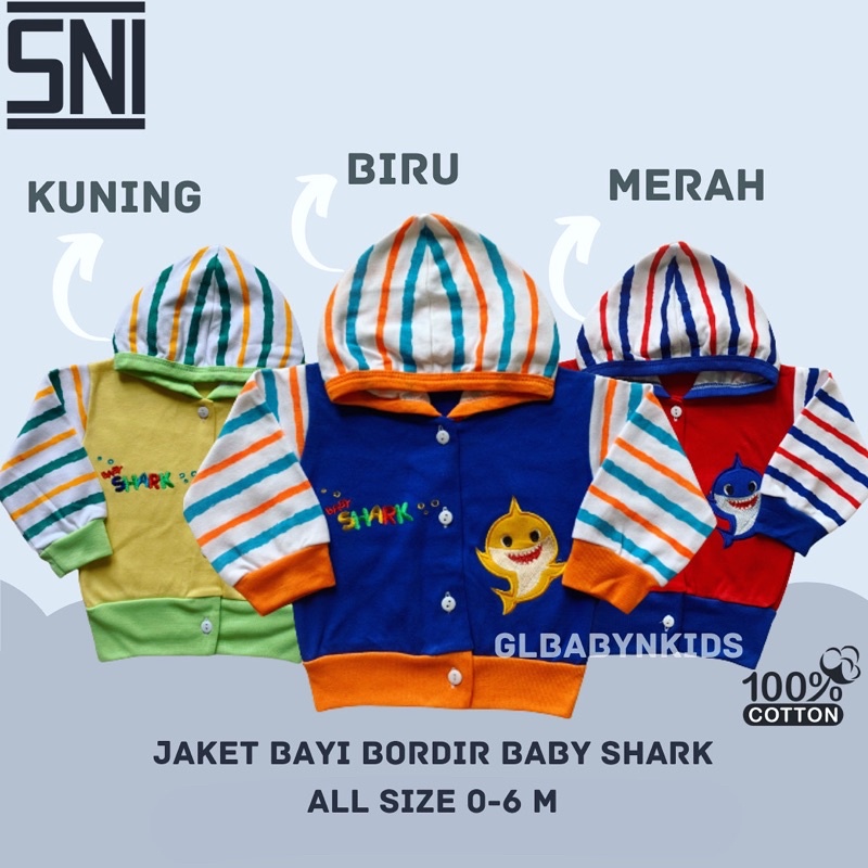 Jaket Hoodie Bayi Newborn Bordir Baby Shark Warna Katun All Size 3-6 Bulan