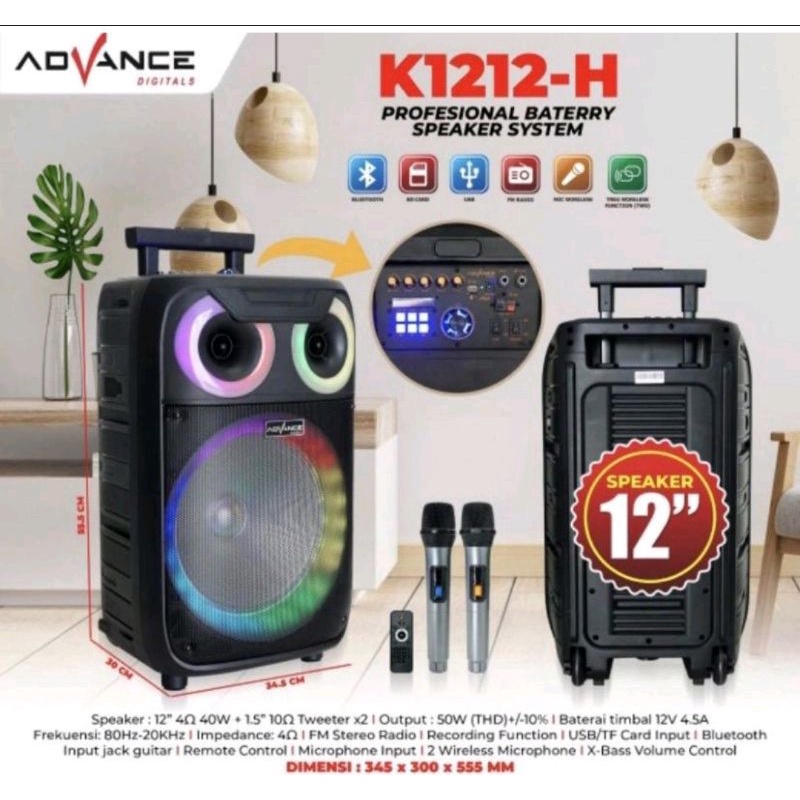 Speaker Portable Advance K 1212H / K1212H 12 Inch FREE 2 Mic Wireless