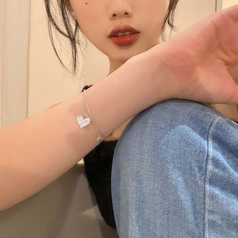 AY(CN) Gelang Rantai Liontin Hati Kristal Lapis Ganda Warna Silver Untuk Wanita