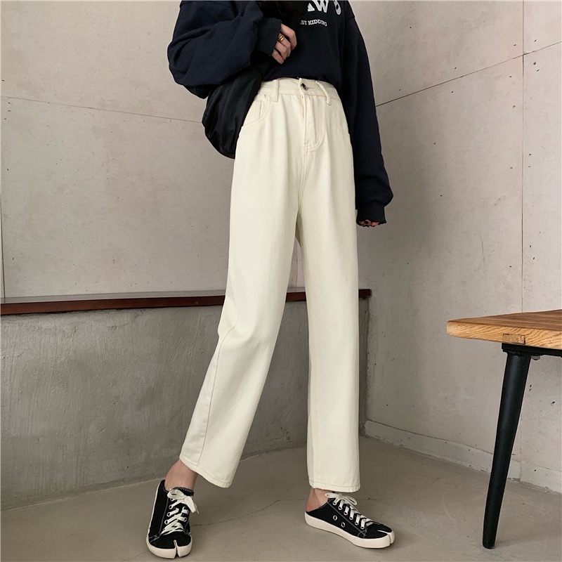 korean style new impor kualitas tinggi Kuning krem / Hitam straight vintage celana jeans panjang wanita