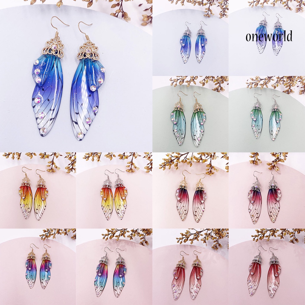 OW# Women Fashion Earrings Butterfly Wing Gradient Color Rhinestone Ear Hook Jewelry