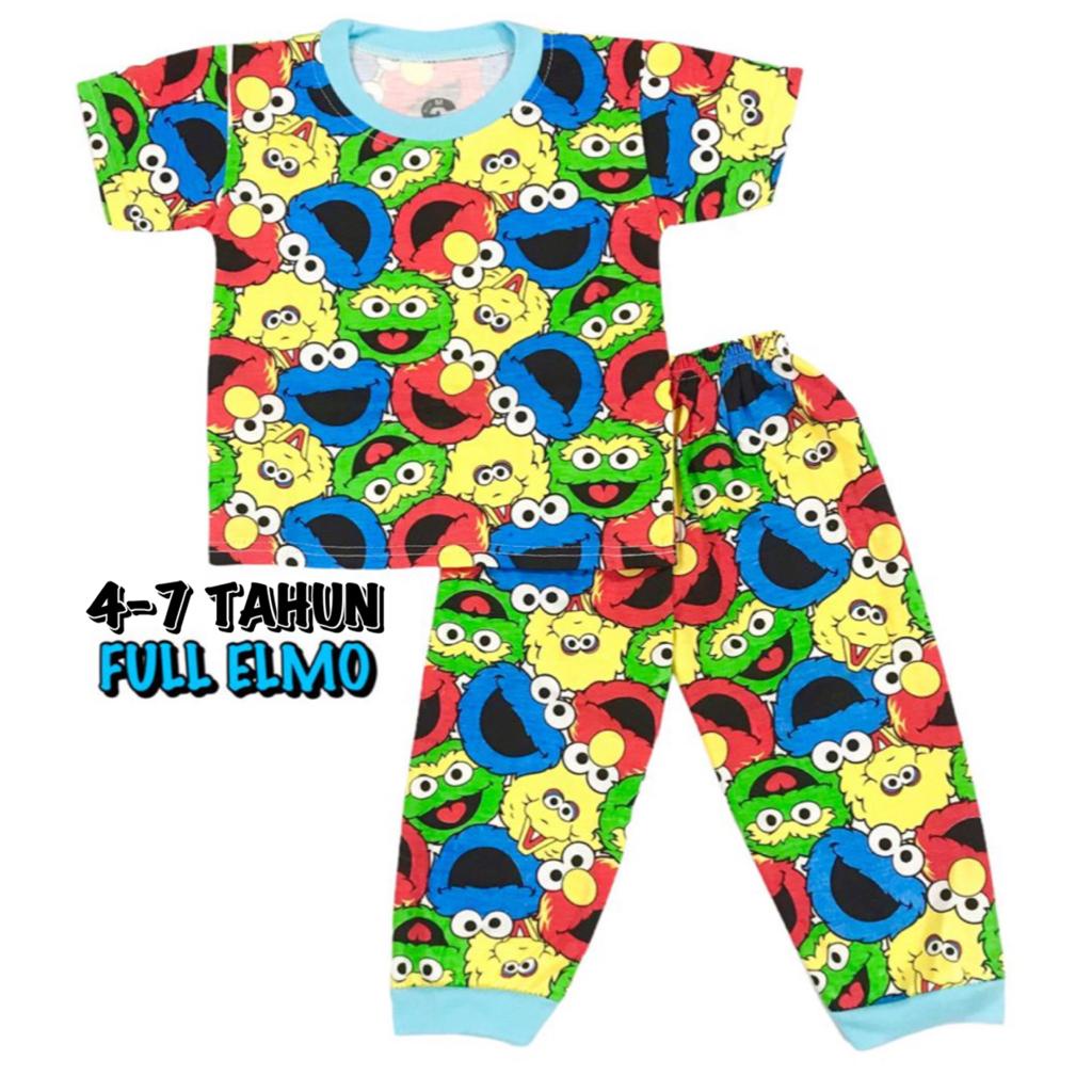 (1 KG MUAT 6 STEL) BAJU TIDUR CP ANAK KIDS PEREMPUAN/CEWEK LAKI-LAKI/COWOK SETELAN BAHAN KAOS KATUN 4-7 TAHUN ELMO