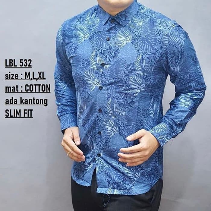 Baju Batik Pria / Kemeja Batik Pria / Baju Slimfit Lengan Panjang / Distro Luigi Batani Biru