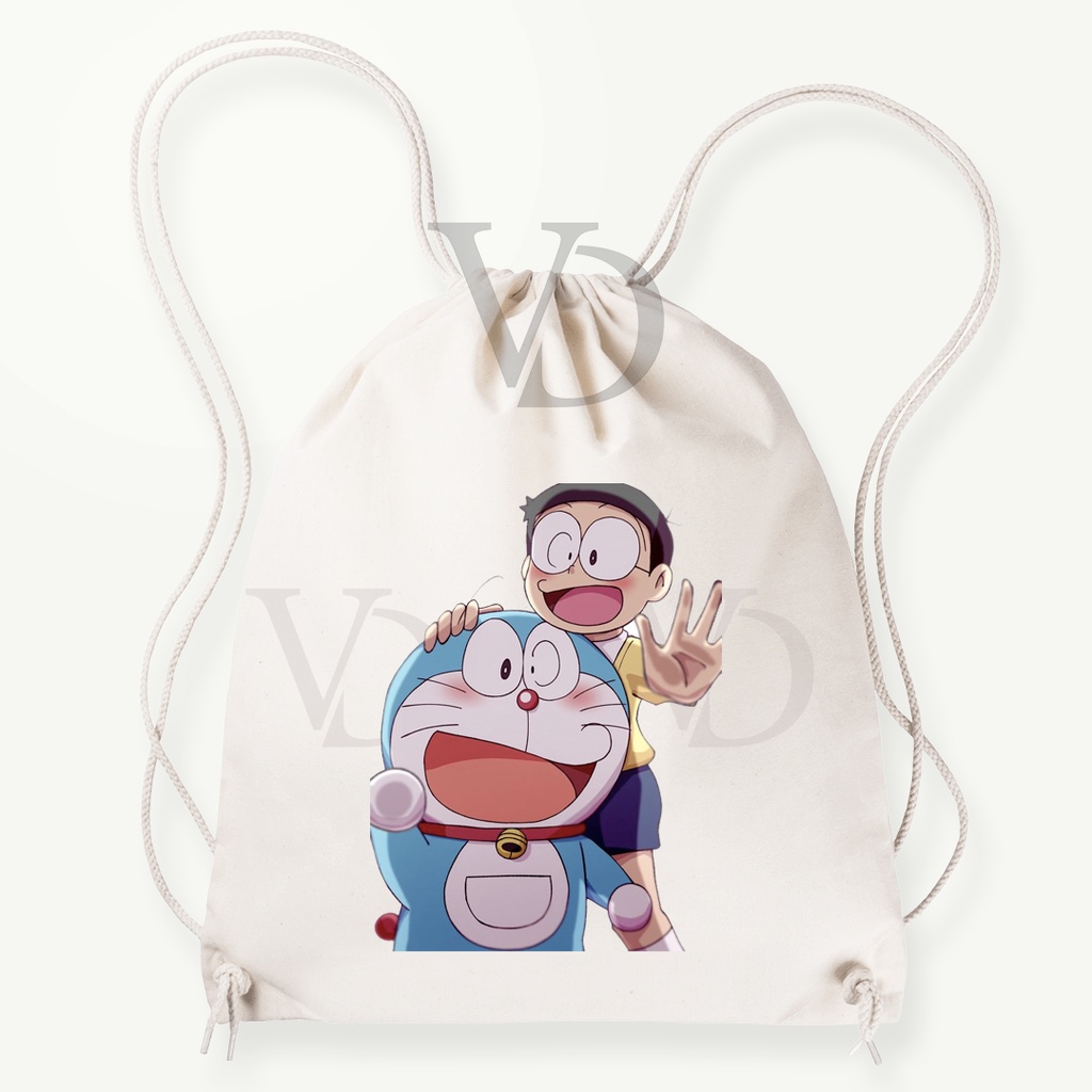 Tas Serut  kanvas  doraemon/ tas serut korea / tas lucu/ tas gendong kanvas / tas custom korea / tas motif animal