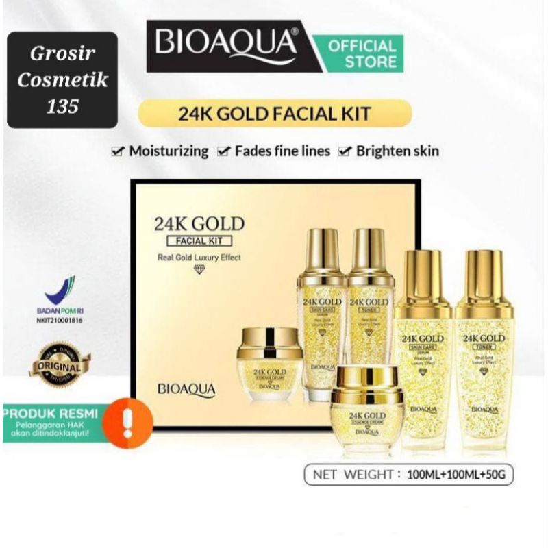 BIOAQUA 24K GOLD FACIAL KIT 𝗕𝗢𝗫 (TONER 100ML + SERUM + 100ML + CREAM 50GR) [BPOM]