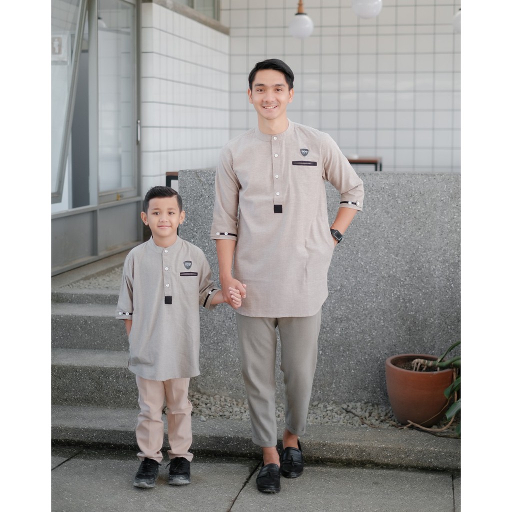 BAJU KOKO COUPLE AYAH ANAK PAKISTAN PAKAIAN MUSLIM ANAK BAHAN OXFORD WARNA PUTIH TAN MOCCA M L XL