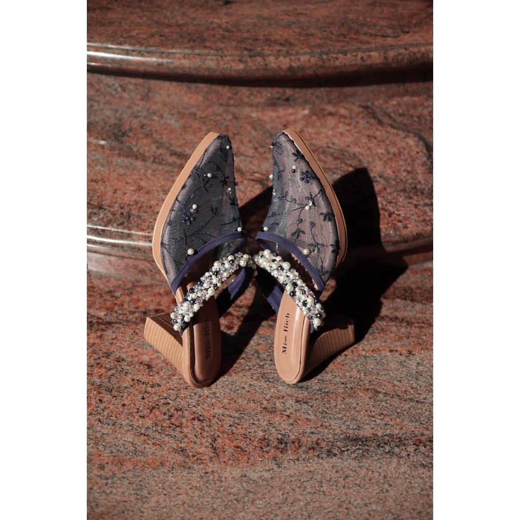 Sepatu sandal selop wedges heels pesta pengantin wedding wanita brukat payet pearl biru navy
