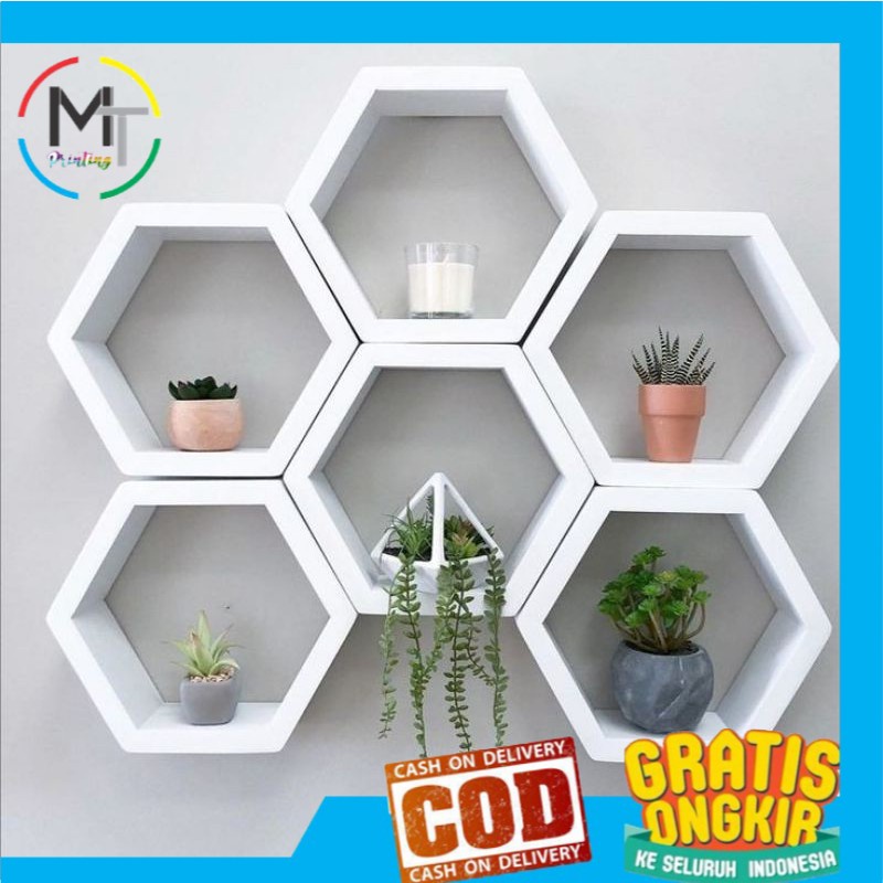 Rak kayu hexagonal / rak dinding minimalis